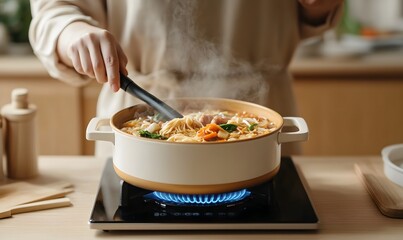 Wall Mural - A person is cooking on an electric stove using the perfect clay pot, Generative AI