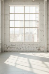 Aufkleber - A skateboard sits alone in an empty room with a large window