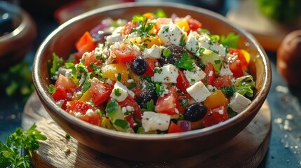 Wall Mural - A vibrant salad bowl filled with diced tomatoes, cucumbers, feta cheese, black olives, and fresh herbs showcases a delicious and colorful Mediterranean dish.