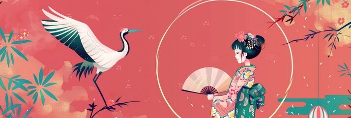 Sticker - Japanese Woman with Crane and Flowers.