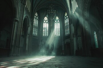 Aufkleber - A grand cathedral interior flooded with natural light from stained glass windows, perfect for use in architectural, spiritual or inspirational contexts