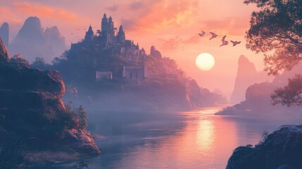 Poster - A Misty Sunset Over a River and Ancient Castle in a Mountain Valley