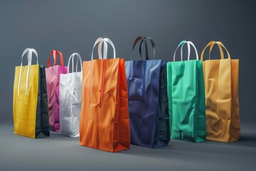Poster - A collection of vibrant shopping bags stacked on a gray surface