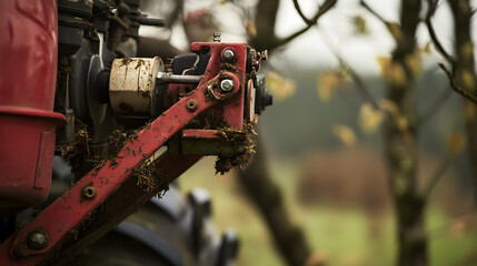 Old Vintage Red Tractor Working in the Lush Green Farmland