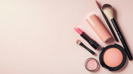 Poster - A stylish display of lipstick, makeup brushes, and powder showcases a modern minimalist aesthetic for beauty lovers. Generative AI