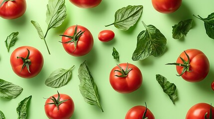 Wall Mural - Flying red cherry tomatoes in vibrant background, showcasing vegetables levitating