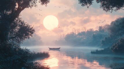 Wall Mural - A Solitary Rowboat on a Misty River at Sunset