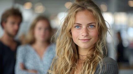 Beautiful woman with blond wavy hair and blue eyes standing confidently in focus with two blurred people in the background out of focus