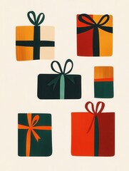 Poster - A collection of minimalist Christmas gift boxes adorned with vibrant ribbons and bows in various geometric shapes, celebrating the holiday spirit. Generative AI