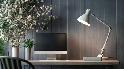 Canvas Print - Minimalistic Home Office with Desk Lamp and Blooming Flowers