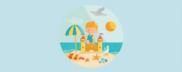 Sticker - Little Boy Building Sandcastle on Beach.