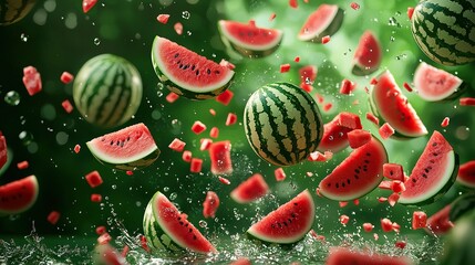 Wall Mural - Flying watermelon in vibrant background, showcasing berries levitating