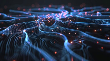 Fototapete - Abstract Digital Landscape with Glowing Particles