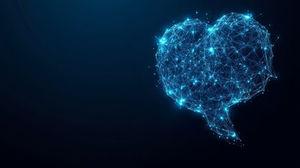 Poster - Abstract chatbot icon and talk bubble speech in futuristic low poly wireframe style. Technological banner. Artificial intelligence concept on blue background. Generated text and answers to questions..