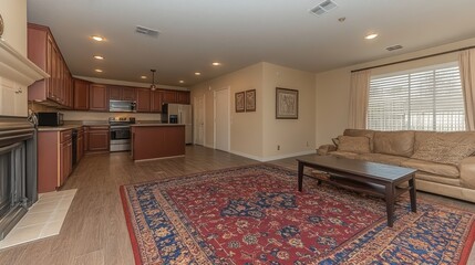 Wall Mural - Spacious and well-lit modern kitchen and living room combination in a cozy apartment featuring a large area rug and comfortable furniture setup