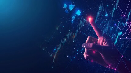 Poster - Abstract close-up of hand pointing at glowing business chart consisting of arrows up on dark blue technology background background. Futuristic low poly wireframe vector stock, market, trade concept 