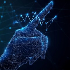 Poster - Abstract close-up of hand pointing at glowing business chart consisting of arrows up on dark blue technology background background. Futuristic low poly wireframe vector stock, market, trade concept 