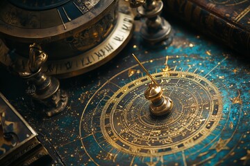 Astrological background featuring predictive tools and symbolic items for fortune telling