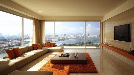 Wall Mural - A luxurious modern living room with a stunning panoramic view of a city skyline and waterfront, featuring floor-to-ceiling windows, elegant furniture, and a contemporary decor style