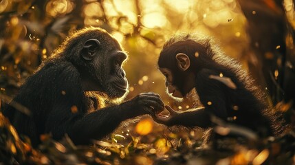 Poster - Two Young Chimpanzees Sharing a Moment in the Golden Light of Sunset