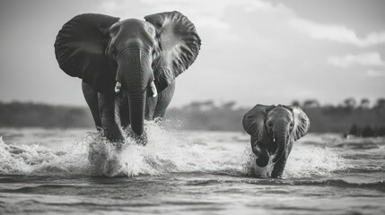 Poster - Two Elephants Running Through Water With Splashing Waves