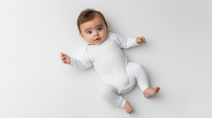 adorable baby lying on back wearing white onesie mockup