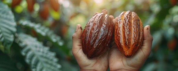 Close-up of hands holding two freshly harvested cacao pods in a lush green plantation, depicting the natural beauty and richness of cocoa farming