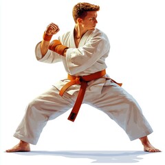 a young man in a white karate uniform with an orange belt