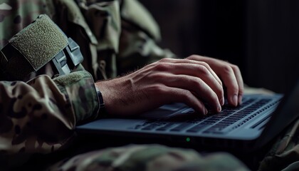 Close up of a soldier s hands engaged with a laptop, showcasing military technology in action