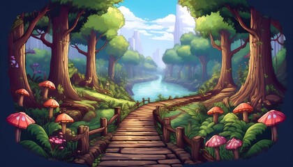 Wall Mural - Forest Pathway with Pixelated Details - pixel art scene of a narrow, winding forest path surrounded by trees. Game design asset. Graphic art 8 bit illustration