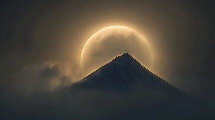 Poster - Conceptual image of the moon partially hidden behind a mountain peak with its ethereal light creating a soft halo around the summit and casting a moody