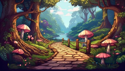 Wall Mural - Forest Pathway with Pixelated Details - pixel art scene of a narrow, winding forest path surrounded by trees. Game design asset. Graphic art 8 bit illustration wallpaper