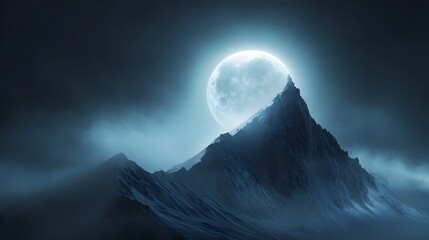 Poster - A captivating conceptual landscape showcasing the moon partially hidden behind a dramatic mountain peak with its soft ethereal glow creating a mesmerizing halo around the summit