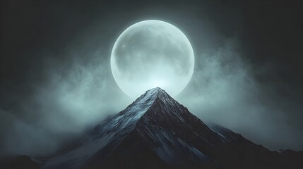 Poster - Moonlit Mountain Halo A Serene Conceptual Landscape Depicting the Moon Partially Obscured Behind a Mountain with Its Soft Light Creating a Captivating Halo Around the Peak