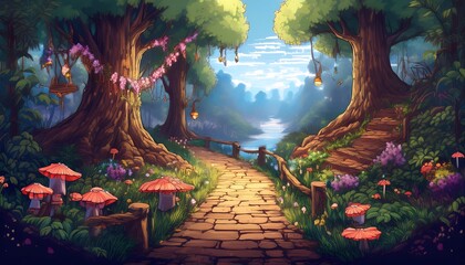 Wall Mural - Forest Pathway with Pixelated Details - pixel art scene of a narrow, winding forest path surrounded by trees. Game design asset. Graphic art 8 bit illustration background