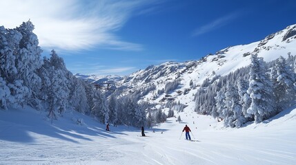 Canvas Print - Skiers navigate snowy slopes of a mountain resort under a clear blue sky during winter afternoon