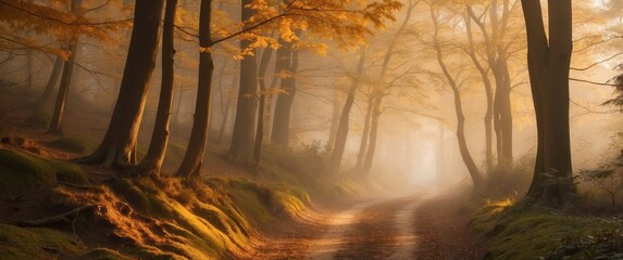 Wall Mural - Misty Forest Path with Golden Light and Autumn Leaves