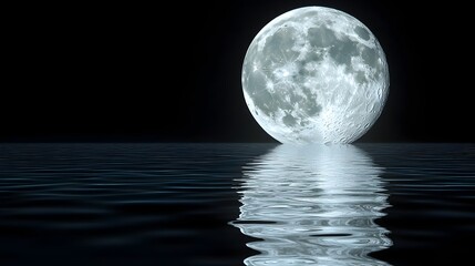 Poster - A conceptual image of the moon casting a luminous reflection on a serene wet surface creating a mirrored duplicate image below  The tranquil reflective landscape evokes a sense of duality balance
