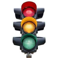 Vertical traffic lights displaying red, yellow and green signals, on a white background
