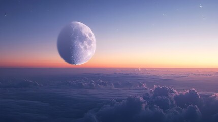 Poster - A conceptual and minimalist landscape image depicting the moon fading into the dawn sky with the gradual light of day slowly overtaking and enveloping the night sky