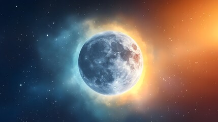 Poster - Glowing Celestial Orb A Conceptual Painting of the Moon Surrounded by a Mesmerizing Color Shifting Aura Evoking a Sense of Tranquility and Wonder in the Cosmos