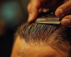 Barber trimming hair in a stylish barbershop, with scissors in hand