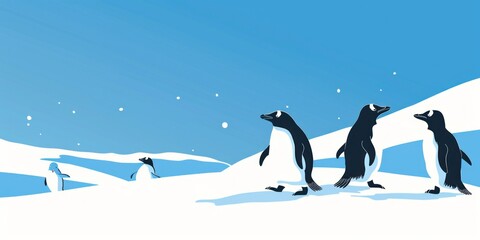 Wall Mural - Penguins Walking on Snowy Landscape.