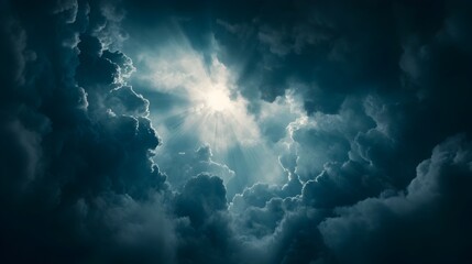 Poster - A conceptual image of the sun breaking through thick clouds with rays of light piercing the darkness and casting a dramatic ethereal glow  The image evokes a sense of tranquility and enlightenment