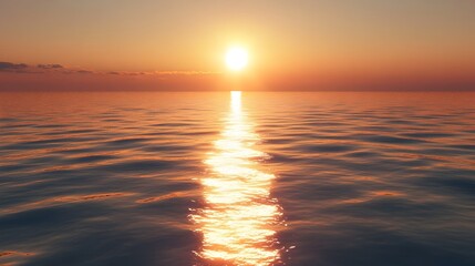 Poster - A conceptual and serene landscape image showcasing the sun s radiant reflection creating a shimmering path of light across a tranquil body of water leading towards the distant horizon