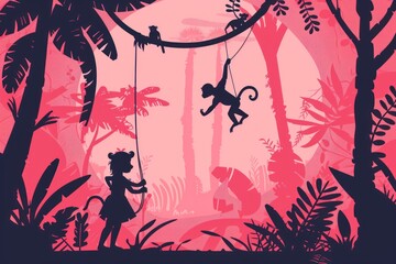 Canvas Print - Silhouette of a Monkey Swinging in the Jungle.