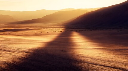 Poster - A conceptual image of the sun casting long dramatic shadows across a serene desert landscape creating sharp contrasts and a moody atmospheric vibe with ample copy space