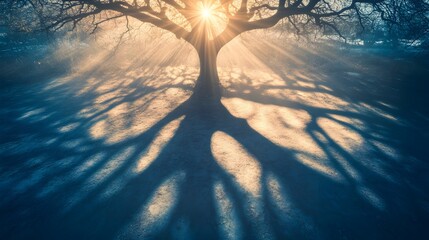 Poster - Sunlight filtering through the intricate branches of a tree casts a mesmerizing pattern of shadows and light on the ground below creating a captivating and serene natural scene with ample copy space