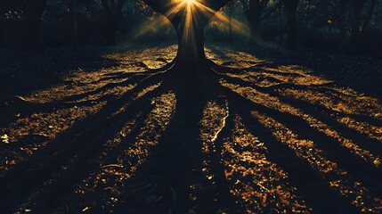 Poster - Conceptual image of the sun breaking through the branches of a tree casting intricate shadows and patterns of light on the ground below  A peaceful ethereal and minimalist natural landscape