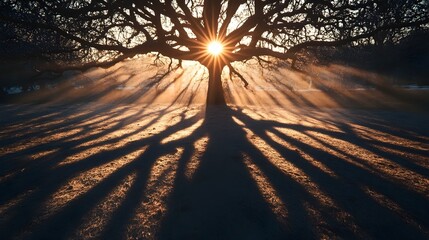 Poster - Conceptual image showcasing the sun breaking through the branches of a tree casting intricate patterns of light and shadow on the ground below